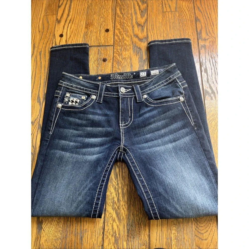 EUC Miss Me Mid-Rise Skinny Embellished Flap Pockets SZ 27x31 Jeans Dark Wash - Picture 3 of 8